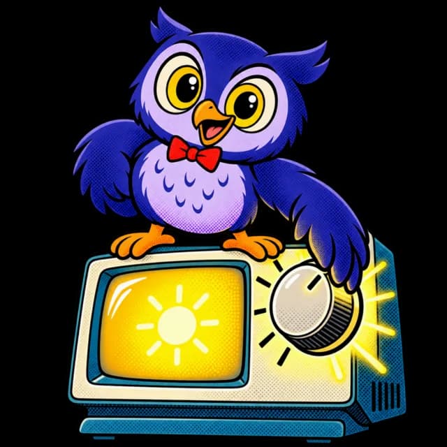 Dimmer the Owl turning down a giant dimmer knob